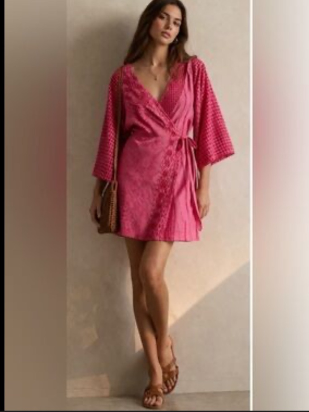 Anthropologie Eloise Hot Pink Lace-Trim Wrap dress